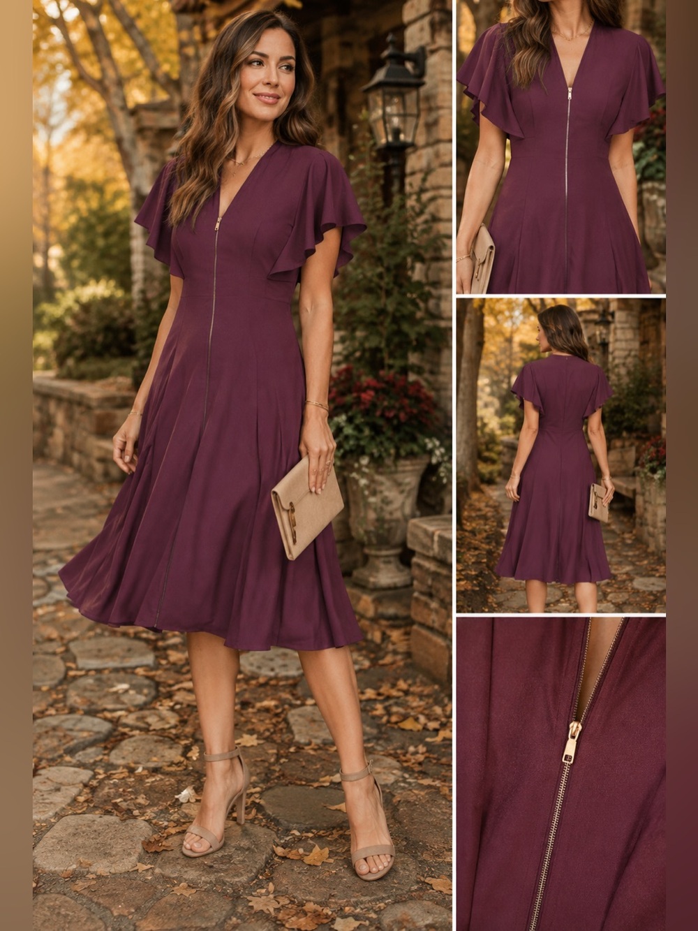NWT Ted Baker Kasiane Plum Zip-Front Flutter Sleeve Dress us size 2 Ted baker 1 - Picture 3 of 16